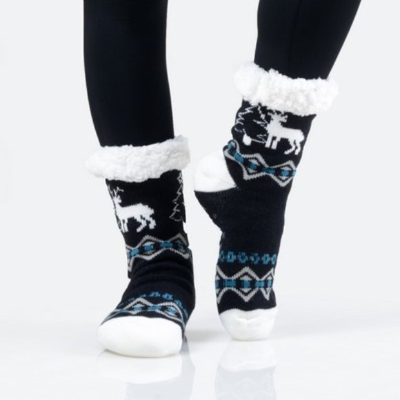 Black Winter Buck Sherpa Lined Slipper Socks - Picture 4 of 4